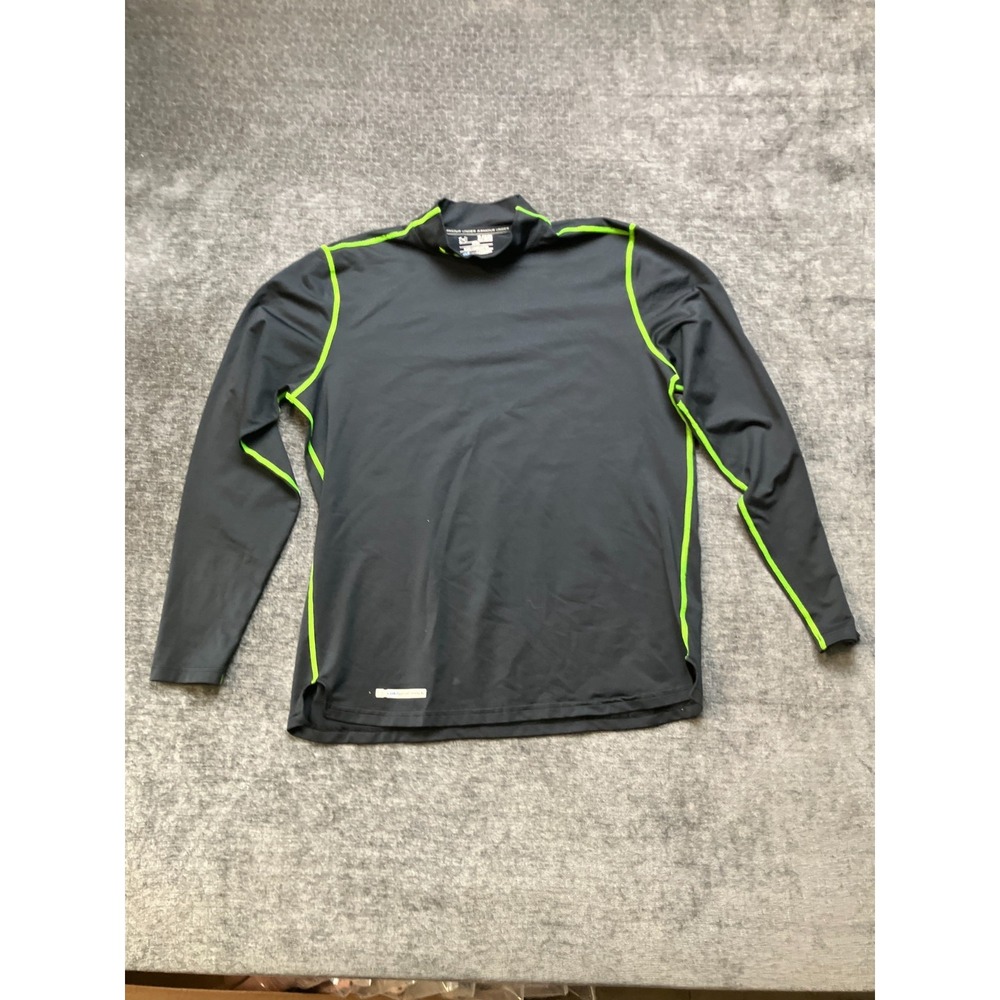 Under‎ Armour ColdGear Base Layer Shirt Mens XL Black Green Contrast Stitch Logo